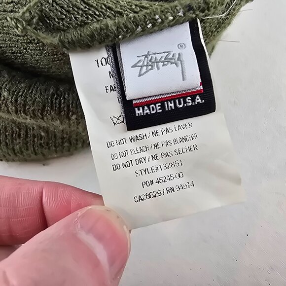Stussy Olive Green Knit Beanie Made in USA 100% Acrylic Cuffed Winter Hat Street - Picture 6 of 7